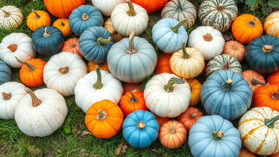 Fall décor with white blue and green pumpkins on grass.