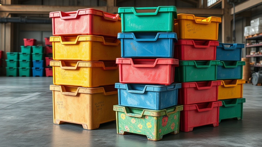 Colorful stackable storage solutions in industrial setting.