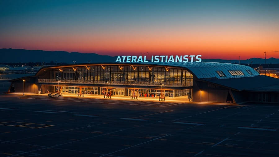 Modern Pittsburgh airport terminal at twilight with bright lights.