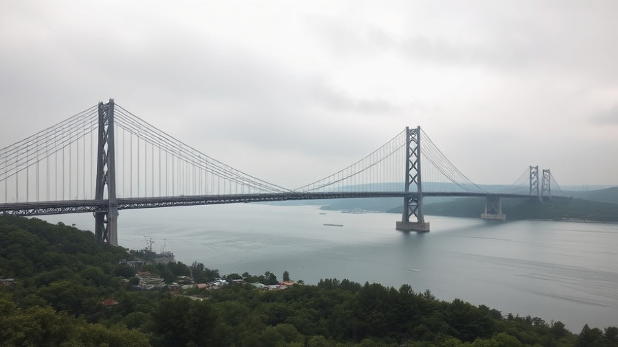 Changtai Yangtze River Bridge stretching over the river, overcast sky.