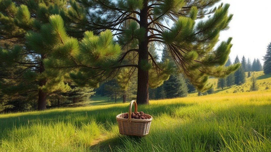 Person collecting pine cones under a tall tree for DIY Pine Cone Decor.