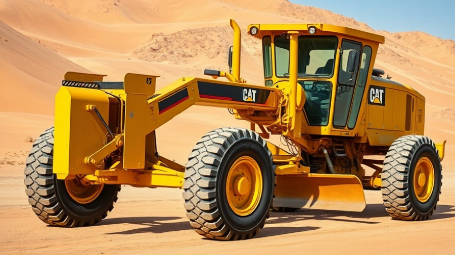 CAT Next-Gen 140 Motor Grader in desert environment, photorealistic