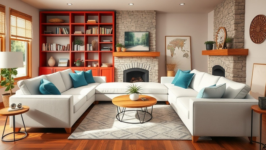 Cozy modern living room with white sectionals, ideal for small spaces.