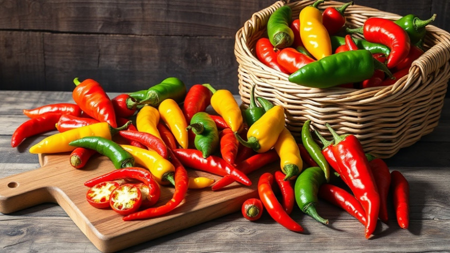 Vibrant chili peppers including red, yellow, and green varieties, arranged on a wooden table.
