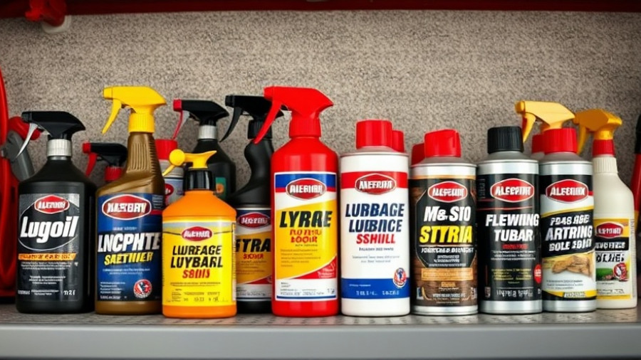Assorted garage door lubricants on a shelf in a workshop.
