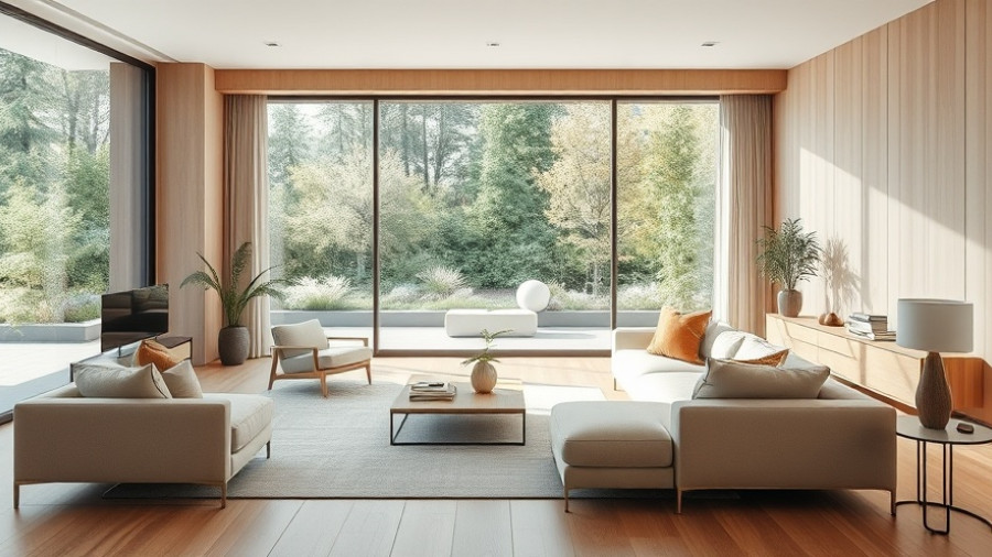 Modern living room with large window overlooking garden, outdoor living spaces.
