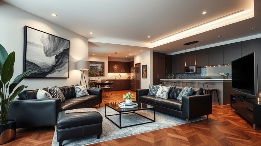 Modern living room transformation with leather sofa and abstract art.