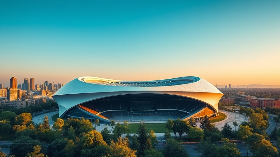 Xi’an International Football Centre with futuristic design and urban backdrop.