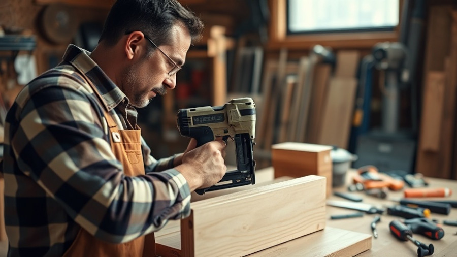 DIY craftsman building a living room charging station in workshop.