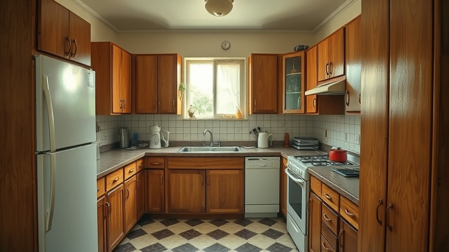 Outdated kitchen setup with cluttered counter, exploring kitchen seating ideas.