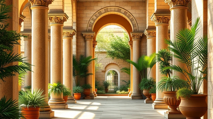 Iford Manor Gardens showcasing stone columns and potted plants.