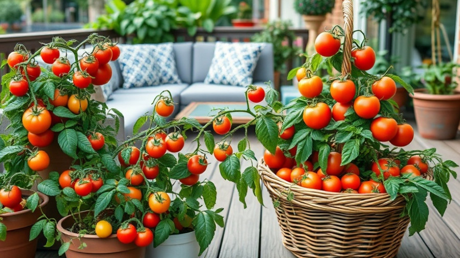 Vibrant patio garden with tomato plants and wicker basket; 2026 garden trends.