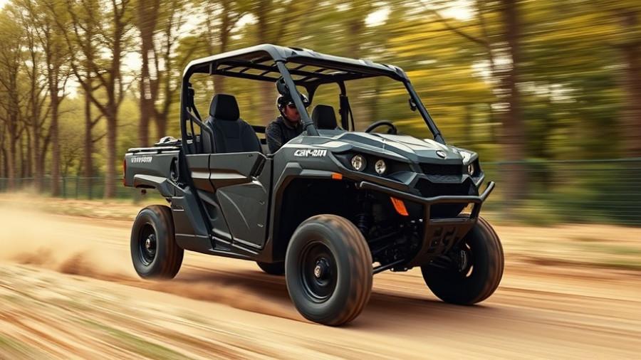 2025 Can-Am Defender Limited UTV speeding on dirt road, blurred background