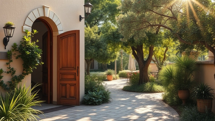 Mediterranean garden design in Santa Monica with lush greenery through a door.