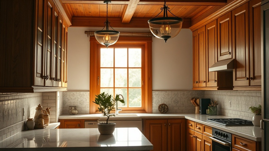 Traditional kitchen with wood cabinets and neutral tones.