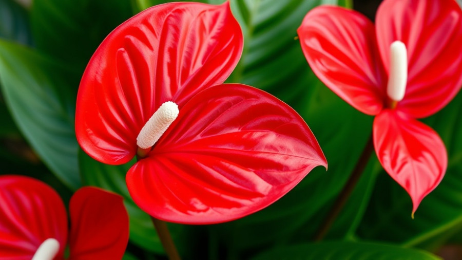 Close-up of red anthurium flowers with glossy petals that look artificial.