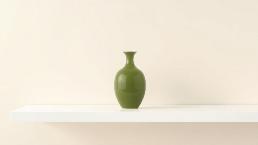 Minimalist olive green vase on white shelf, showcasing home design trends.