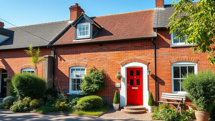 1908 worker’s cottage renovation with red-brick exterior and red door.