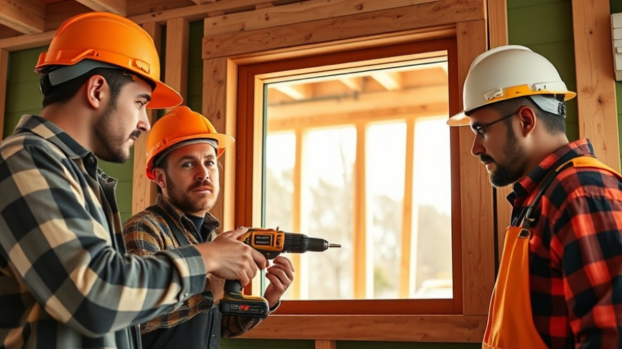 Construction team installing kitchen pass-through window frame.