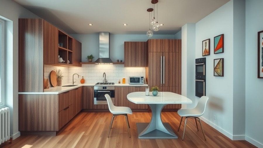 Modern kitchen with wooden cabinets and dining area.