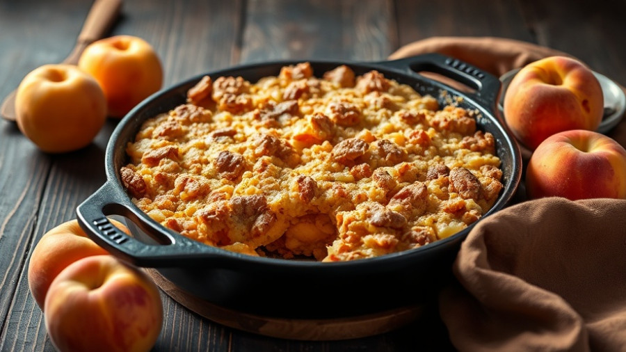 Homemade peach crisp recipe with fresh peaches on wooden table.