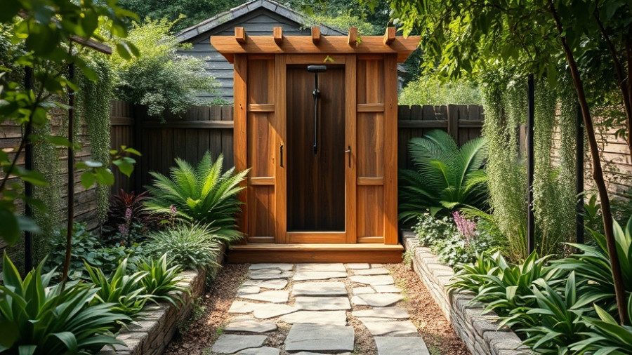 Exclusive October deals for your garden with an outdoor shower surrounded by greenery.