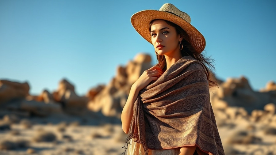 Woman in desert with stylish shawl showcasing October decor