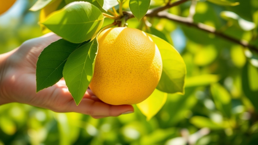 Hand picking a lemon from tree, the origin of lemons.