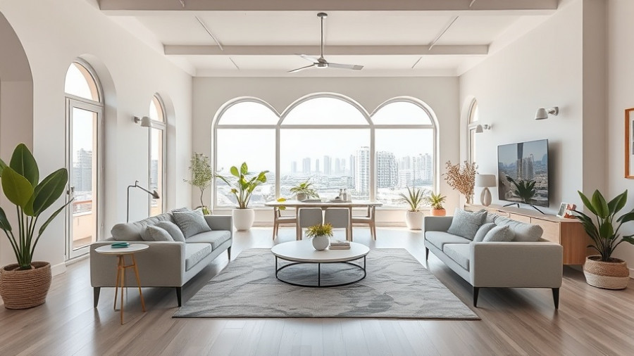 Stylish urban living room with coastal design elements and natural lighting.