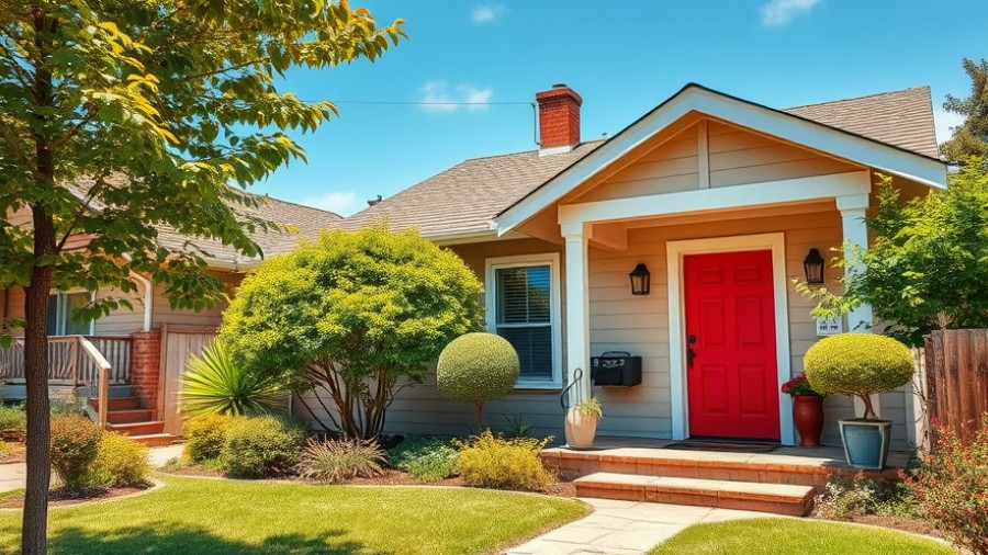 Charming bungalow with red door and garden, singles tax.
