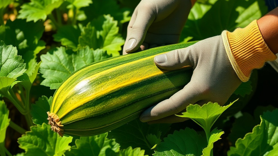 Harvesting Techniques: Hands in gloves harvesting zucchini in garden.