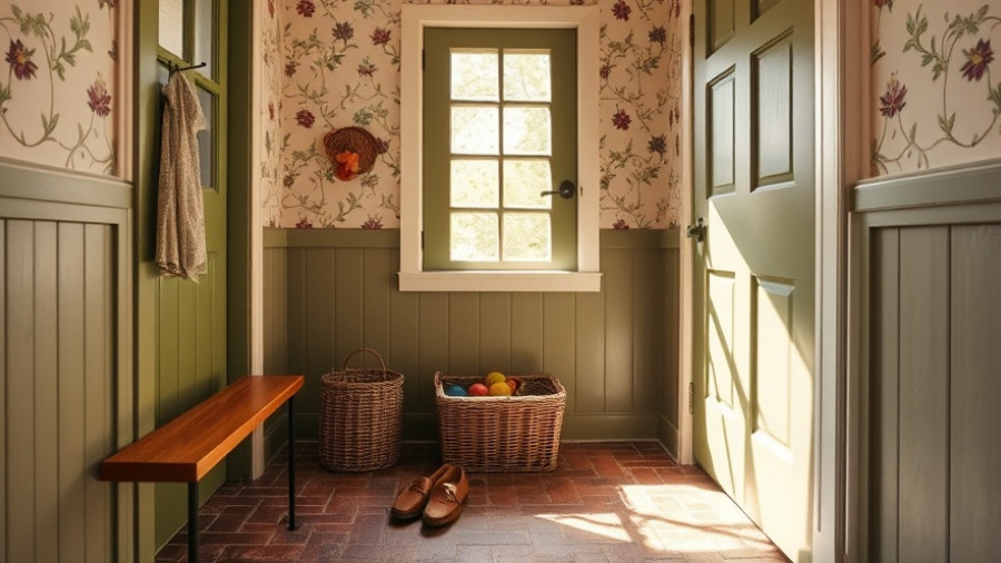 Shaker-style mudroom with floral wallpaper and wooden bench.