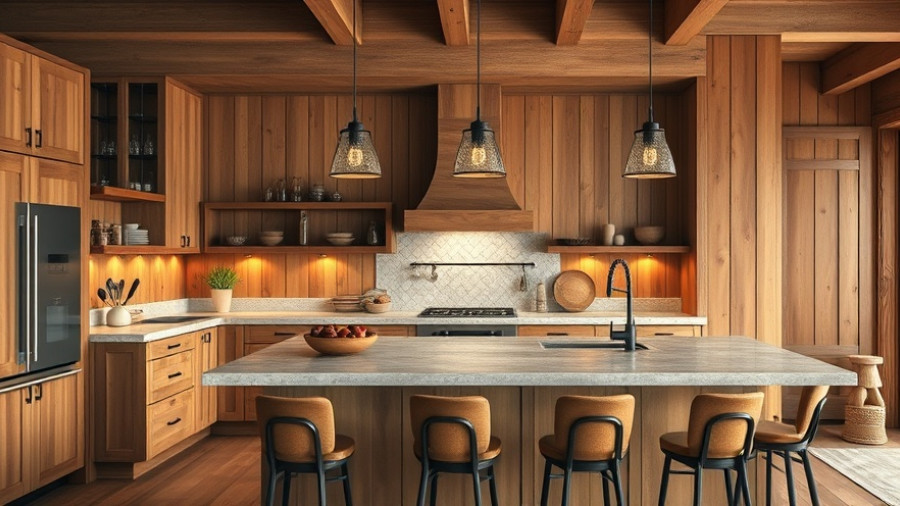 Alpine Chic Cozy Design in a rustic modern kitchen with wood paneling.