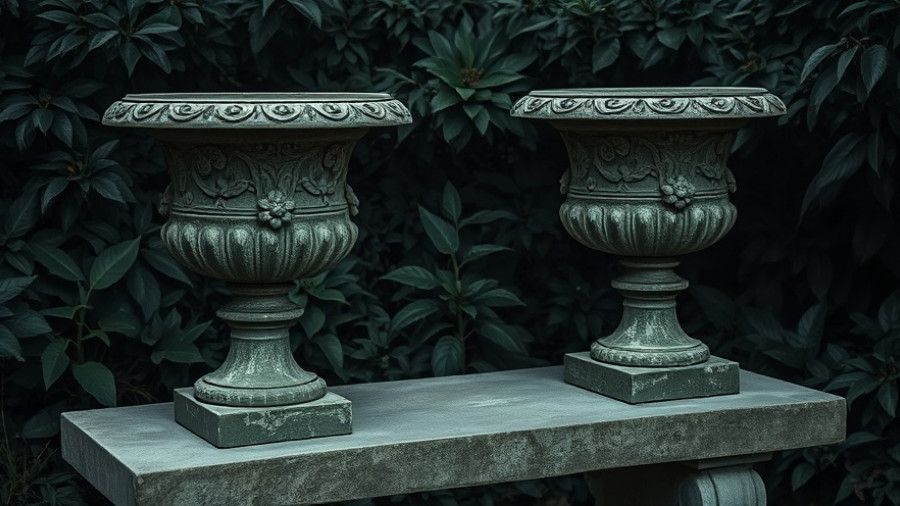 Eerie garden decoration for Halloween with weathered urns against dark foliage.