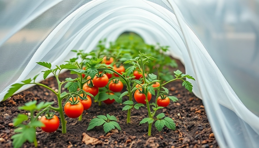 Tomato seedlings protected from late snow under fabric tunnel.
