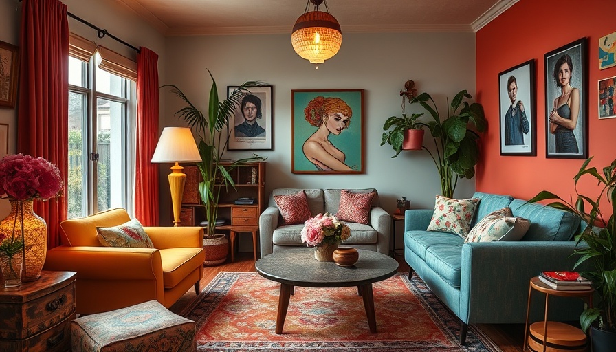 Vibrant living room with unique cherry lamp showcasing decor trends.