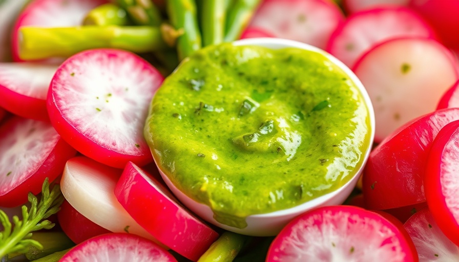 Feral goddess dressing with radishes and asparagus, fresh and vibrant.