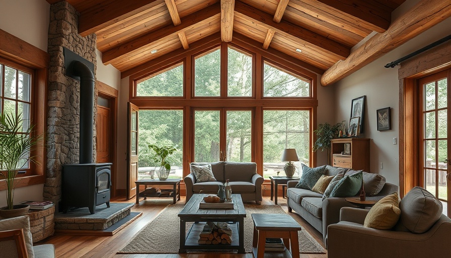Cozy Pines Beach Cabin living room with wood stove.