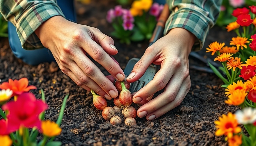 Gardener handling bulbs amid spring flowers; avoid planting mistakes.
