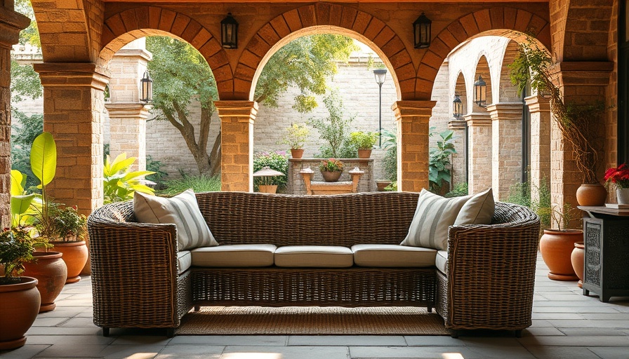 Rustic woven outdoor sofa on stone patio with greenery