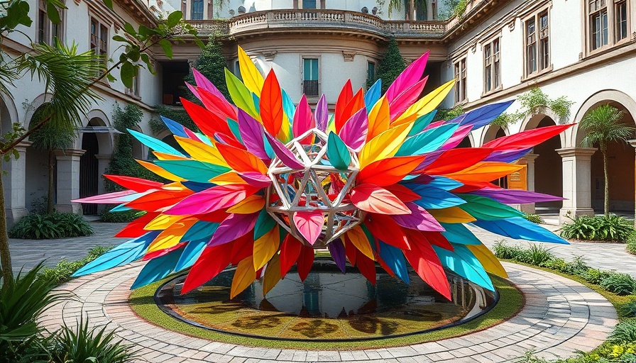 Colorful Bolon’s Exodus Installation in courtyard with pond and plants