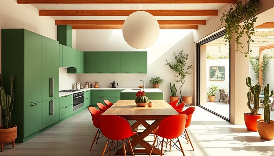 Modern Lisbon kitchen design with green cabinets and patio.
