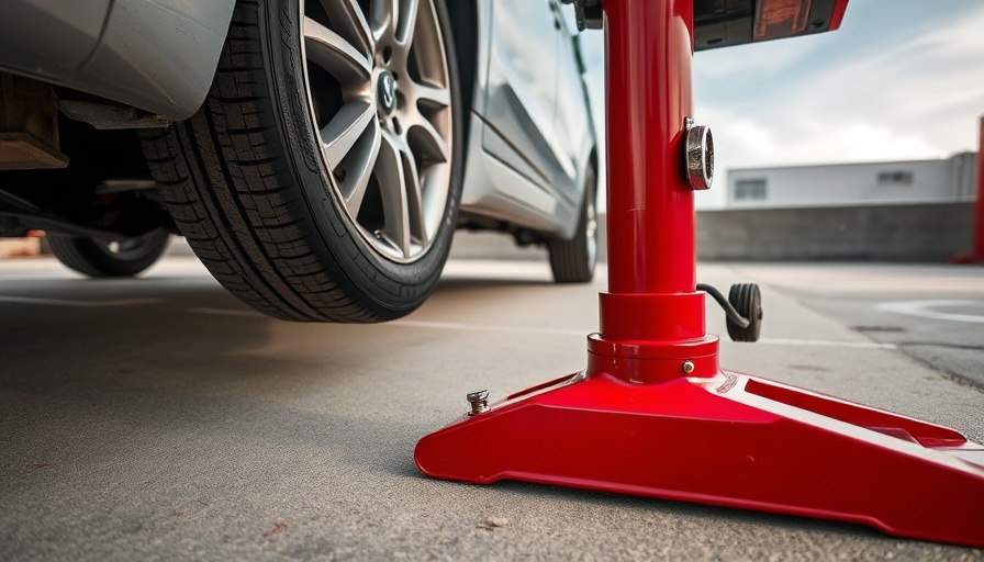 Red hydraulic car jack lifting a silver car in a parking lot