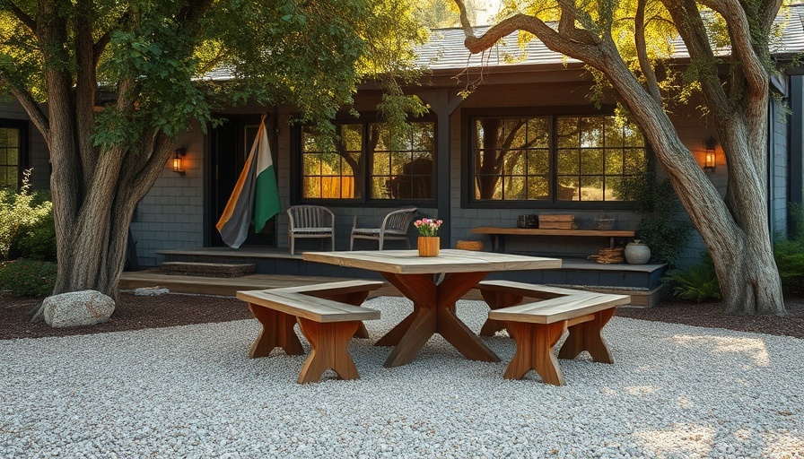Rustic outdoor seating at a Cliff May home landscape design.