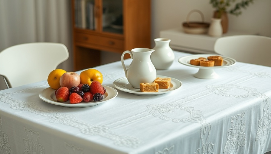 Embroidered white tablecloth with dishes and a cozy setting.