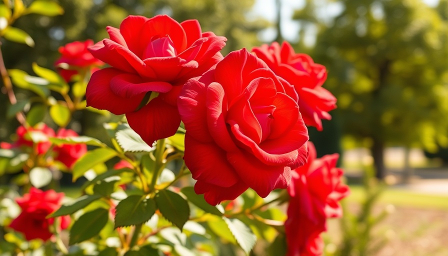 Vivid red knockout roses with green foliage in sunlight.
