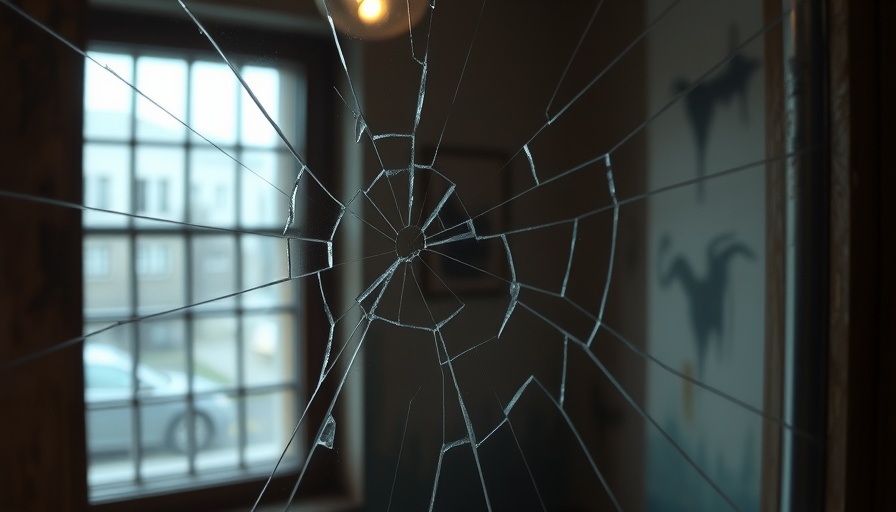 Crack in a glass window needing repair, interior view.