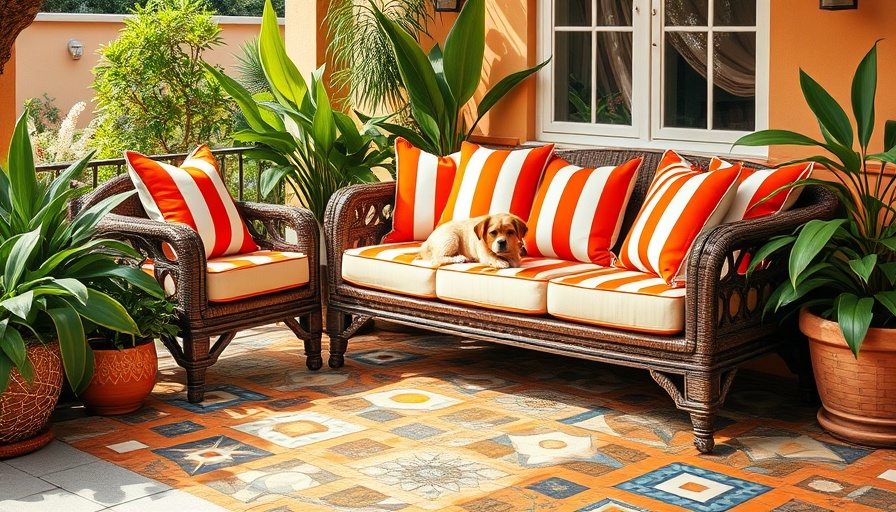 Vibrant curb appeal ideas: colorful outdoor seating with a dog.