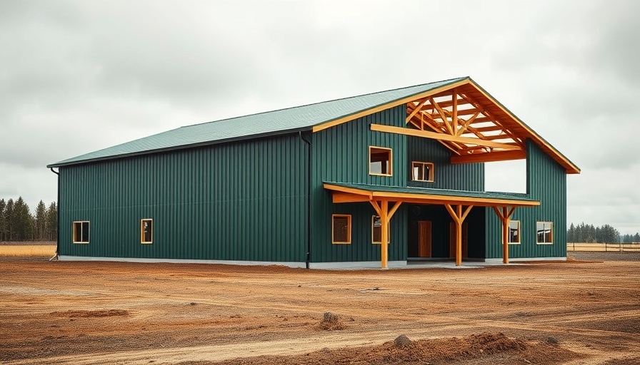 Barndominium construction with green sheathing under cloudy sky.