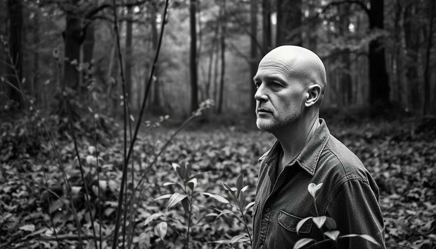 Bald man in forest with native plants, black and white.